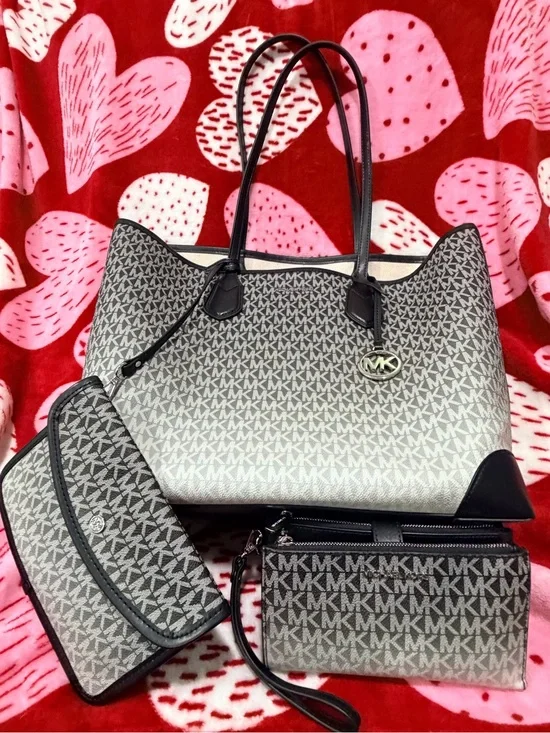 Michael Kors Black and Gray MK Signature Tote with Wristlet and Wallet Set