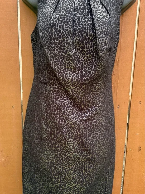 Michael Kors Black and Silver Metallic Leopard Midi Sheath Dress