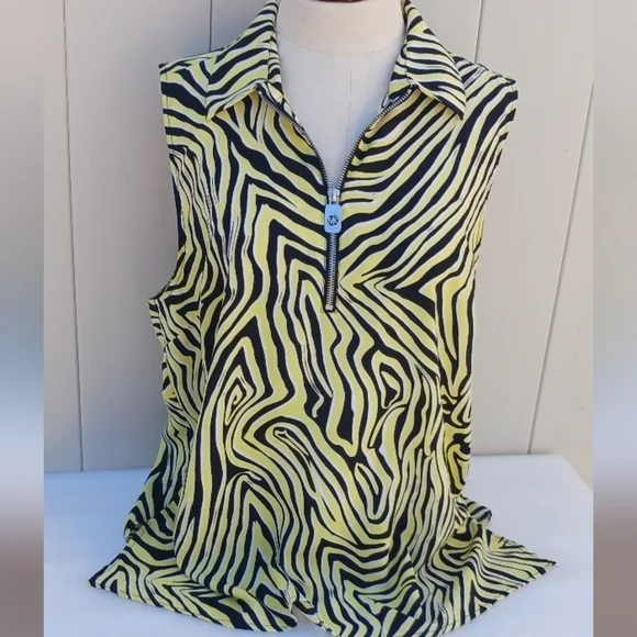 MICHAEL KORS TRAVEL Zebra Print Sleeveless Top - Black and Yellow Blouse Tunic