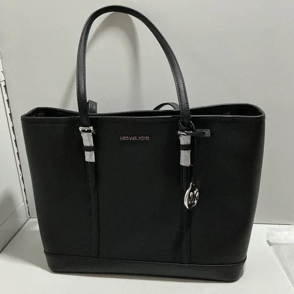 Michael Kors Charlotte Large Top Zip Tote Black Saffiano Leather Silver Hardware