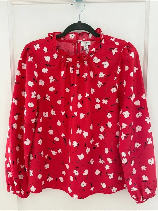 J. Crew Red Floral Ruffle-Neck Long Sleeve Blouse