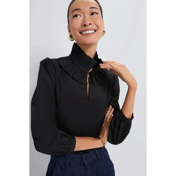 Tuckernuck‎ Black Ruffle Neck Bouvier Blouse Puff Sleeve  XXL New