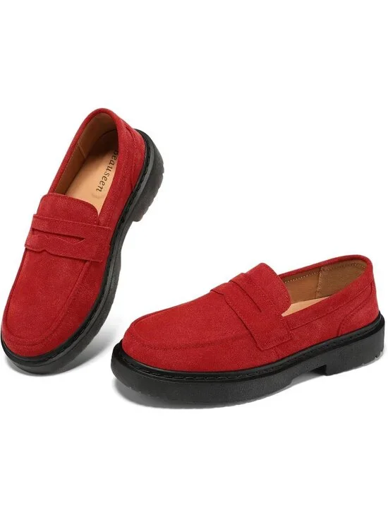 🆕Women's Burgundy Suede Penny Loafers Lightweight Slip On Comfortable Shoes