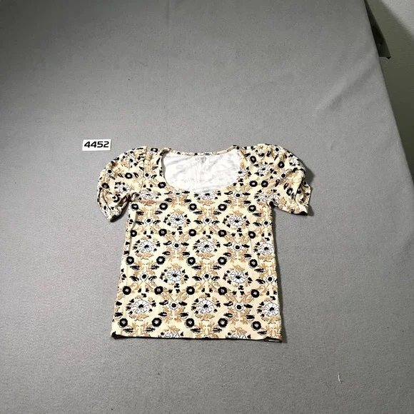 LOFT Outlet Cropped Blouse Top Womens XS Beige Floral‎ Round Neck Puff Sleeve