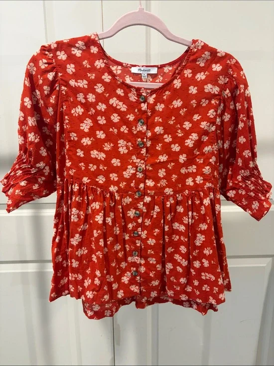Madewell Red Floral Button-Front Peplum Blouse