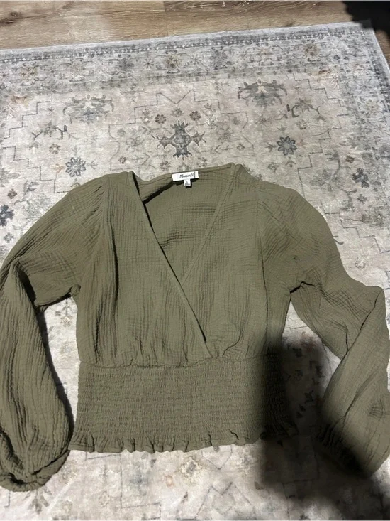 Madewell Olive Wrap Smocked Waist Blouse