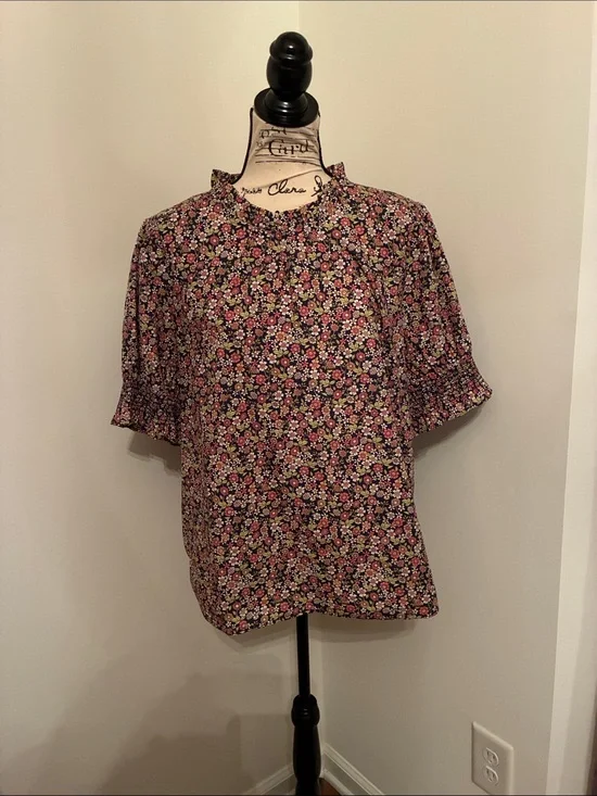 J. Crew Navy Floral Ruffle Collar Puff Sleeve Blouse