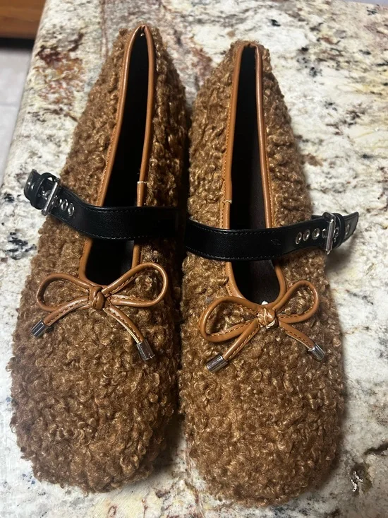 New Women’s 11 Brown Fuzzy Mary Jane Flats: Black Buckle Strap Halloween Costume