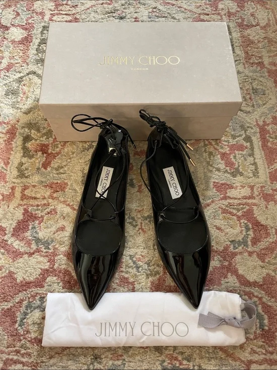 Jimmy Choo Black Patent Pointed Ballet Flats with Lace-Up Tie Size 37.5