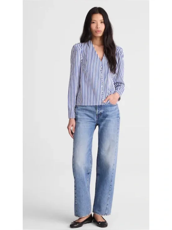 Madewell Stacked Button V-Neck Long Sleeve Top Poplin French Blue
