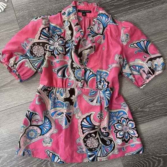 Vintage Y2K Banana Republic Silk Pink Paisley Babydoll Top Button Close Ruffle S