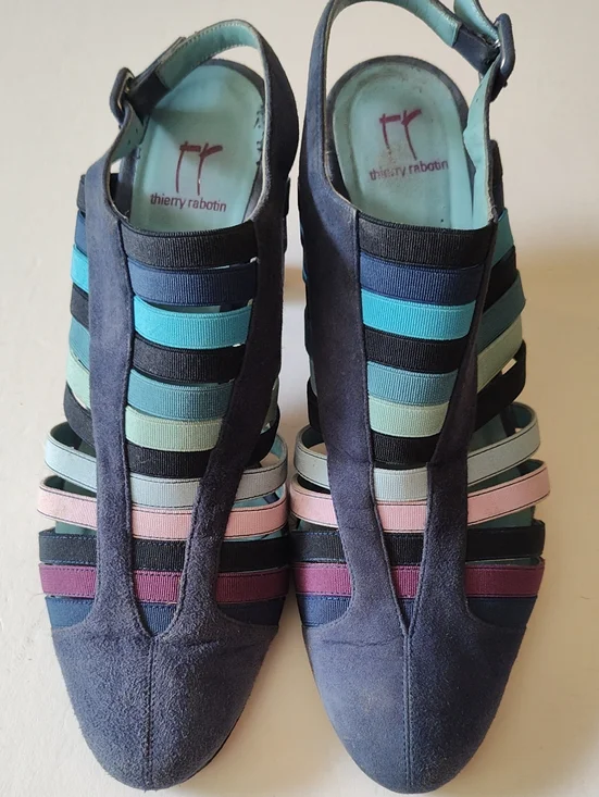 THIERRY RABOTIN Navy Suede Multicolor  Stripe Slingback Heels Size 39.5 US 9.5