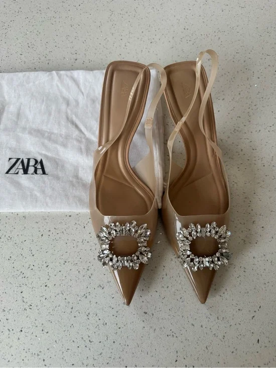 ZARA Nude clear Embellished Pointed Slingback Flats Size 41 US10/11