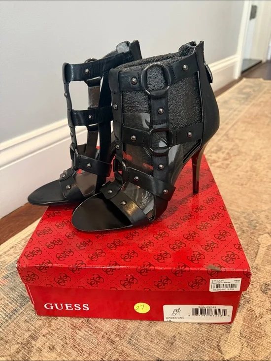 GUESS Black Strappy Studded High-Heel Sandal Booties