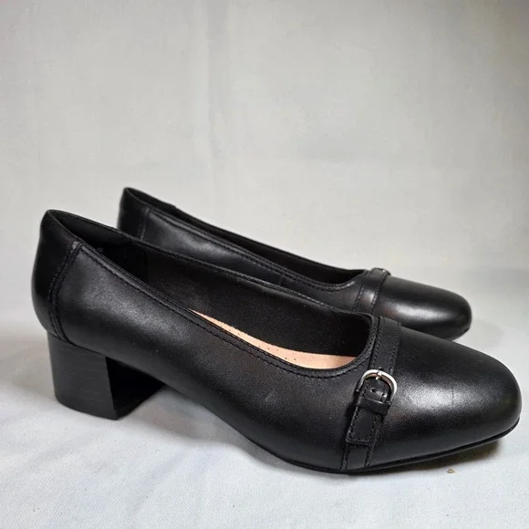 Clarks Marilyn Nora Black Leather Block Heel Pump Women 8 Buckle Comfort Shoe