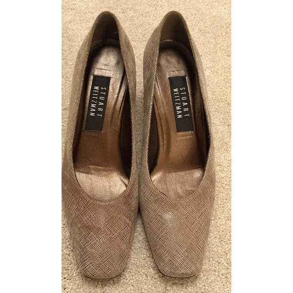Stuart‎ Weitzman Taupe Metallic Textured Block Heel Pumps Square Toe 8.5 B