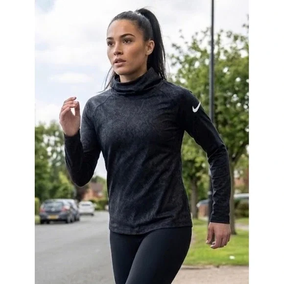 Nike Pro Dri-FIT Womens Black Snakeskin Print Side Zip Funnel Neck Top Medium‎