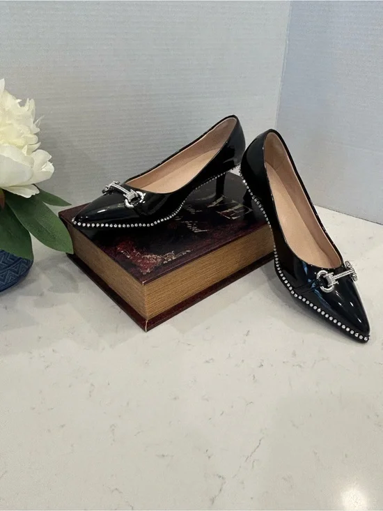 Pointed Patent Leather Flats with Silver Chain Detail - Black