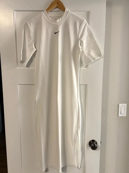 Nike White Short-Sleeve Midi Dress with Black Swoosh