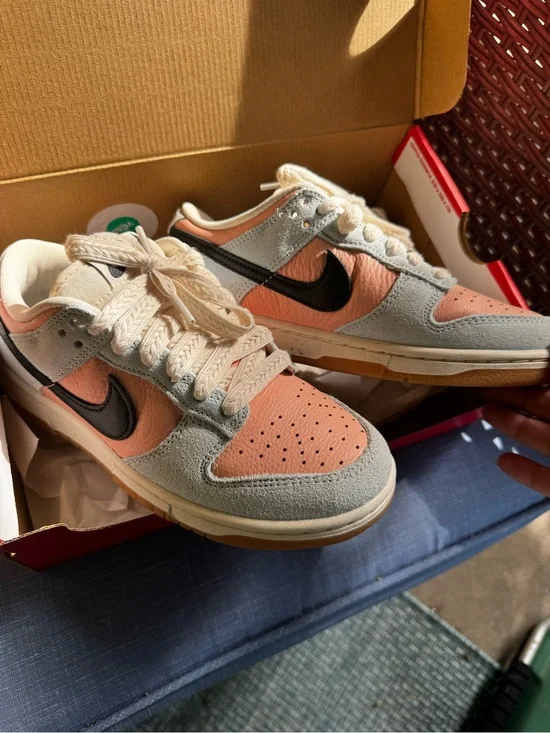 Woman’s Nike Dunk Low-Top Sneakers in Peach/blue with braided laces