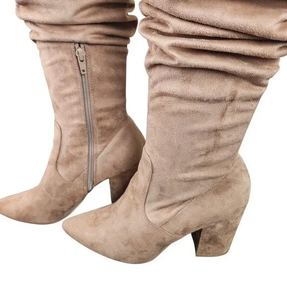 Steve‎ Madden Women's Tan Suede Ruched Block Heel Pointed Toe Boots Size 8.5M