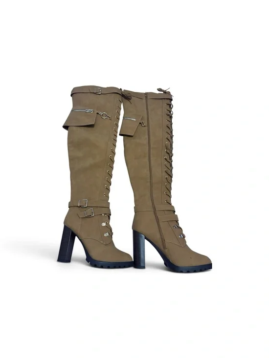 Lira Olive Over-the-Knee Lace-Up Heeled Boots