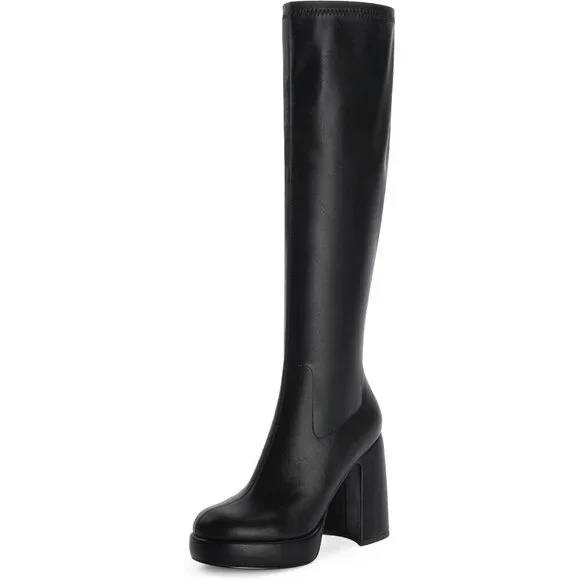 Women's Black Platform Knee High Boots Chunky Heel Rounded Toe Zipper