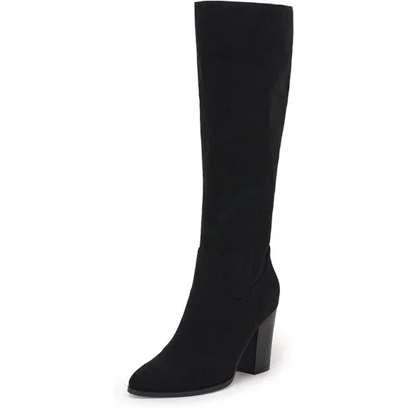 Women Faux Sueder Black  Knee High Chunky Heel Side Zipper Stretch Winter Boot