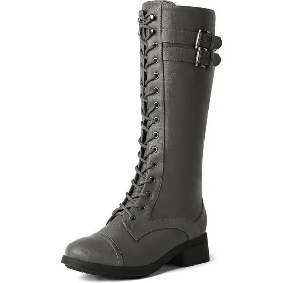 🆕Womens Polyurethane Pu Georgia Grey Double buckle Knee High Riding Combat Boot