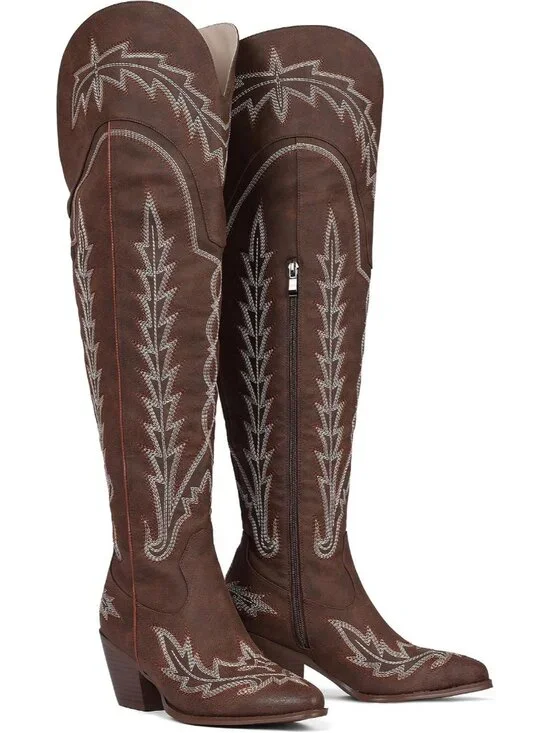 Women's Brown High Thigh Embroidered Western Pointed Toe Chunky High Heel Boots