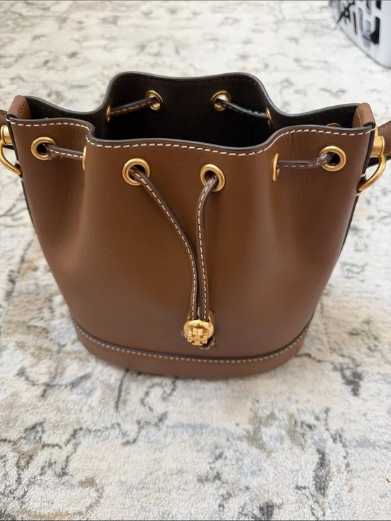 Tory Burch Classic Brown Leather Bucket Bag with Gold Hardware