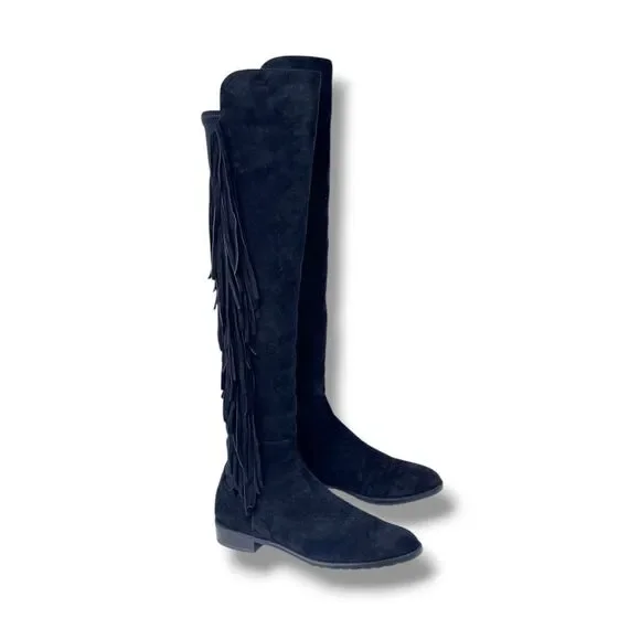 Stuart Weitzman Mane Fringe Suede Over-The-Knee Boots Black Western Size 8 M