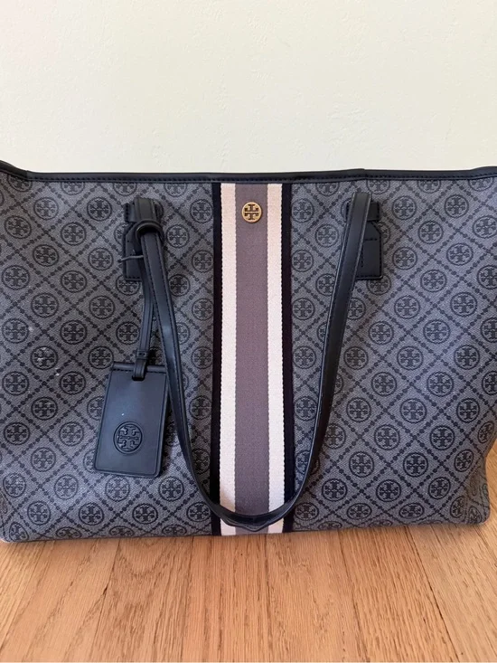 Tory Burch Gray T monogram zipper canvas tote