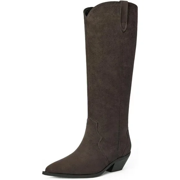 Women's Chocolate Knee High Faux Suede Western with 2 IN Chunky Heel Pointed