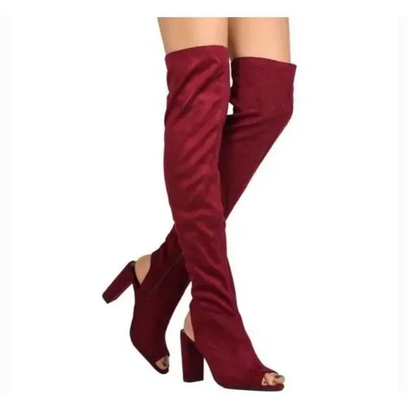 Brand New Womens Bamboo Wine Crushed Velvet Thigh High Peep Toe Boots - Sz 8.5