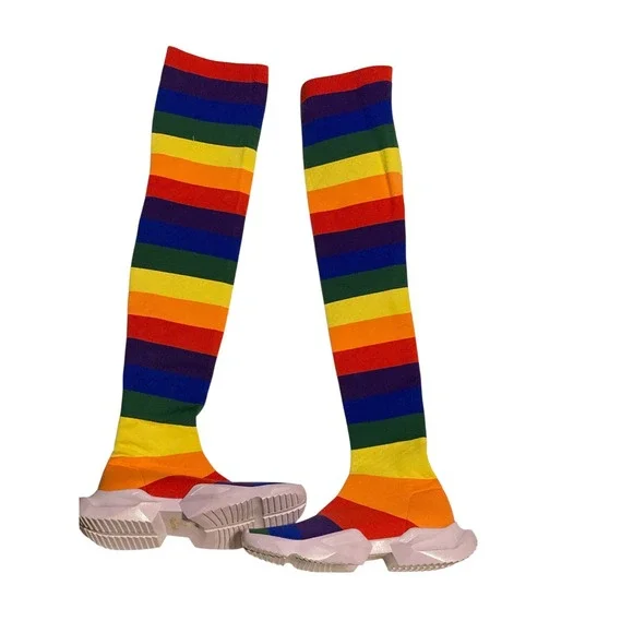 Thrusters Rainbow Striped Thigh High Sock Boots Lavender Platform Sole‎ Size 36