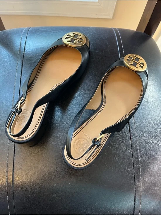 Tory Burch Black Leather Slingback Mules with Gold Logo