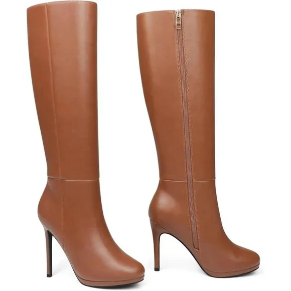 🆕Women's Brown Rubber Stiletto Knee High Boots Platform Side Zipper Long Boots