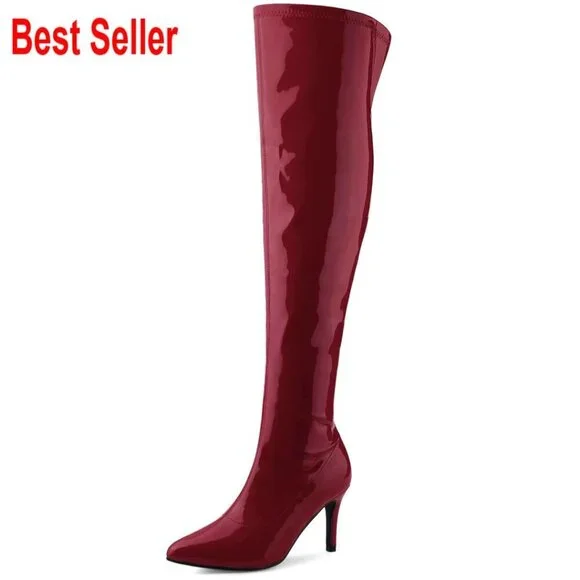 Patent Leather Over The Knee Boots with Stiletto Heels and Pointed Toe