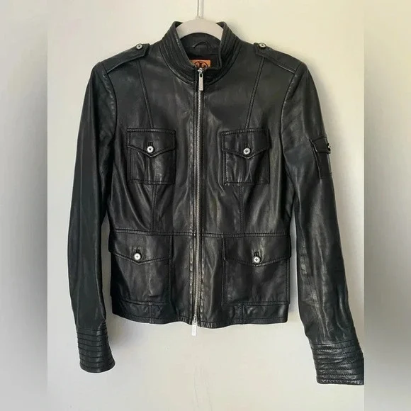 Tory Burch Leather Jacket Women’s Moto Biker Black Zip Up