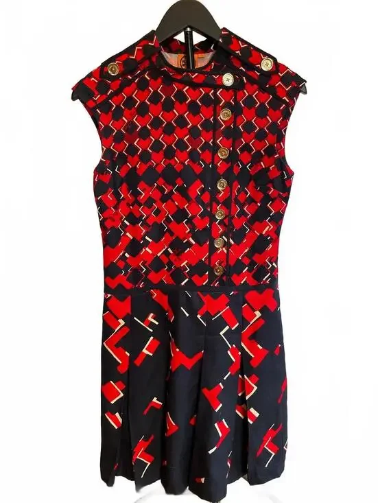 Tory Burch Truman Silk Dress Red Navy Geometric Pleated Size 2