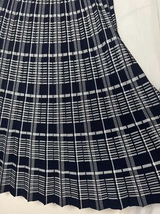 Tory Burch Navy White Plaid Pleated Knit Midi Skirt S