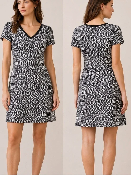Tory Burch Marbled Tweed Preppy Academia V-Neck Mini Dress