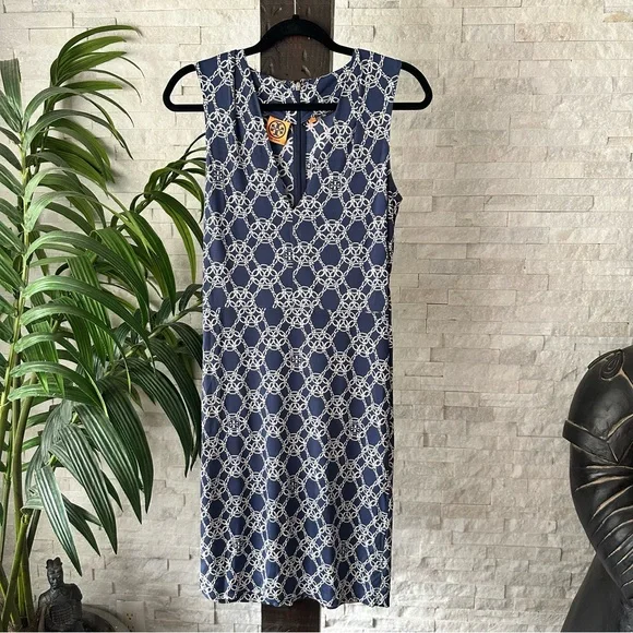 TORY BURCH Navy Blue “Nicola” Chain Print Jersey 100% Silk Knit Dress Size S
