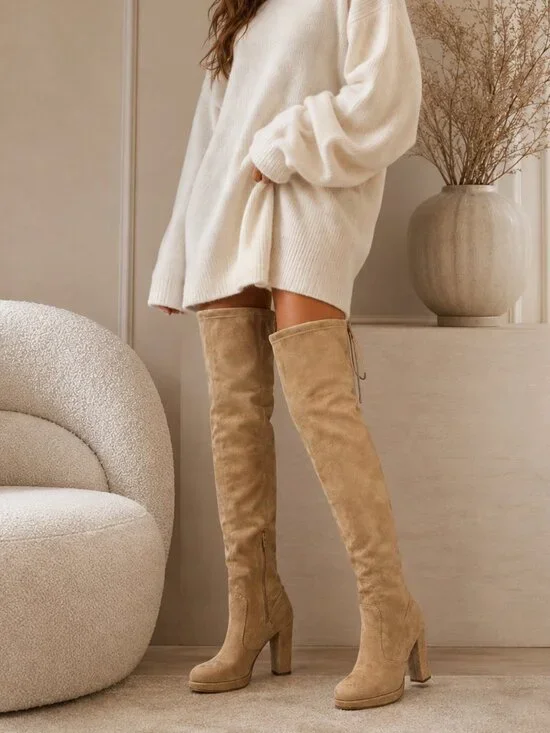 Gianni Bini Tan Stretch Over Knee Platform Block Heel Boots Size 8.5