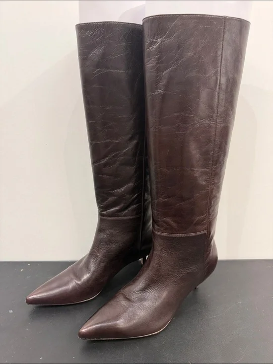Veronica Beard LISA 45 Tall Dark Brown Knee-High Pointed Toe Leather Boots