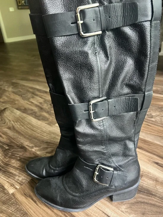 Donald J. Pliner Black Leather Over-the-Knee Buckle Boots