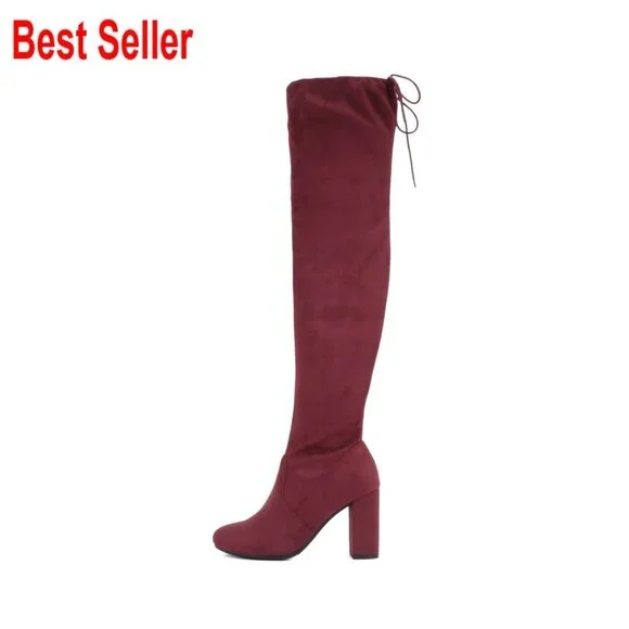 Round Toe Over the Knee Boots with Drawstring Closure, Block Heel
