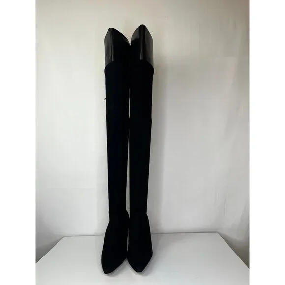 Manolo Blahnik Black Suede Pointed Toe Over the Knee Boots