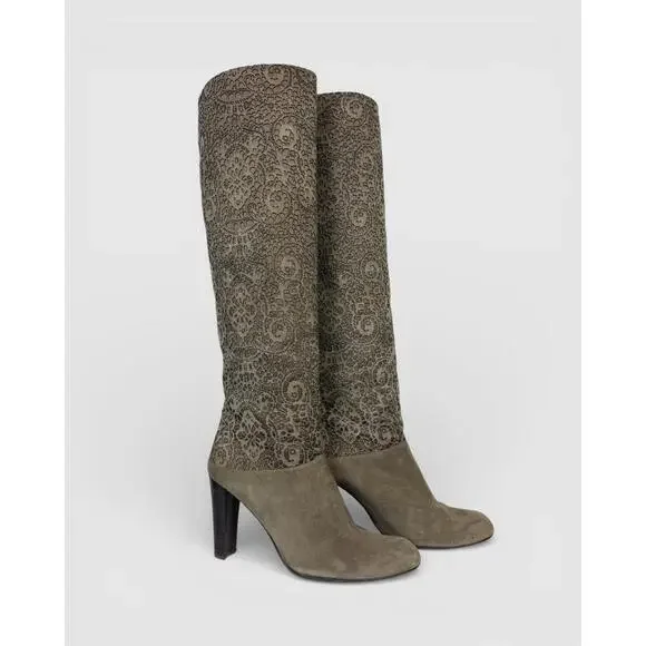 Stuart Weitzman Suede Grey Brown Laser Cut Knee-High Heel Boots